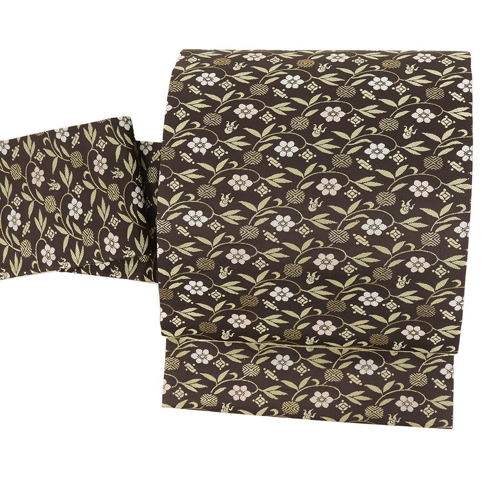 名古屋帯 正絹 中古 ふくい 茶 花唐草 西陣織 リサイクル カジュアル