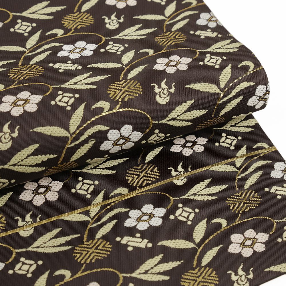 名古屋帯 正絹 中古 ふくい 茶 花唐草 西陣織 リサイクル カジュアル