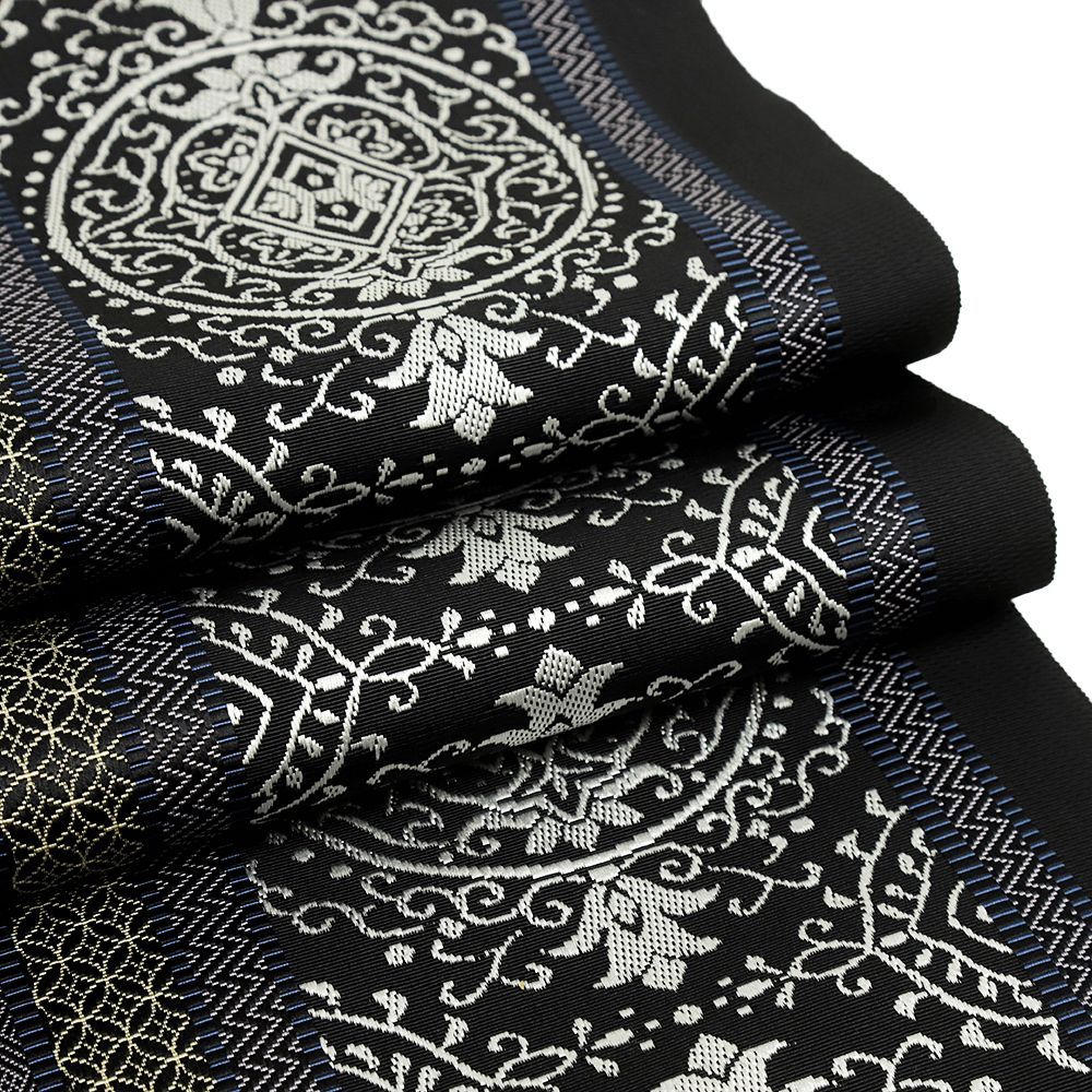 博多織 名古屋帯 正絹 黒 鏡裏献上柄 仕立て上がり カジュアル 井上絹