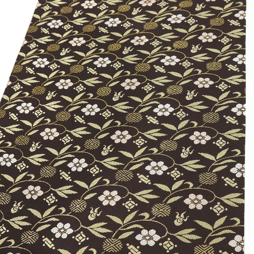 名古屋帯 正絹 中古 ふくい 茶 花唐草 西陣織 リサイクル カジュアル