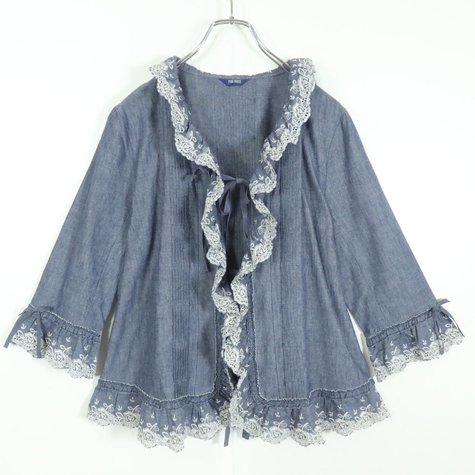 美品】ピンクハウス☆フリル&刺繍♪タンガリージャケット はおりもの