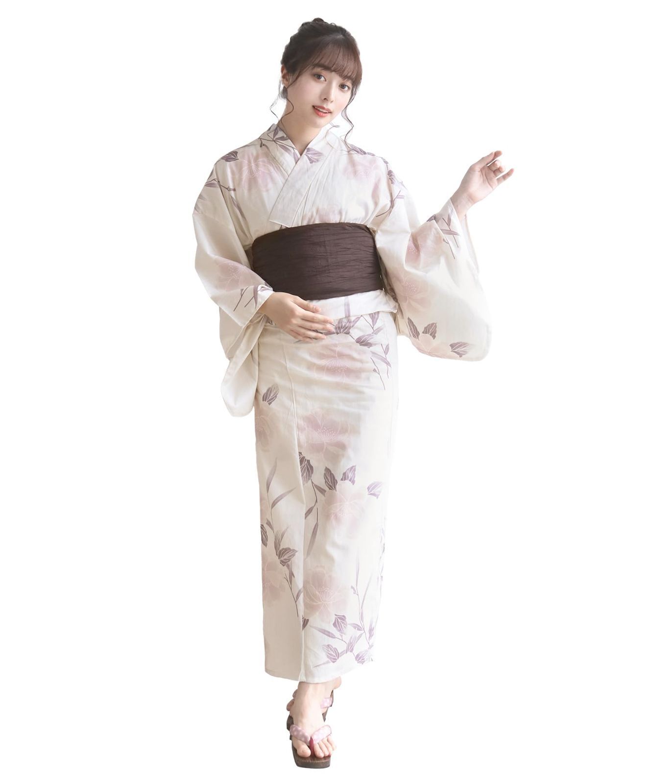 二部式 4点セット(浴衣、兵児帯、肌着、下駄) 生成り 変わり織