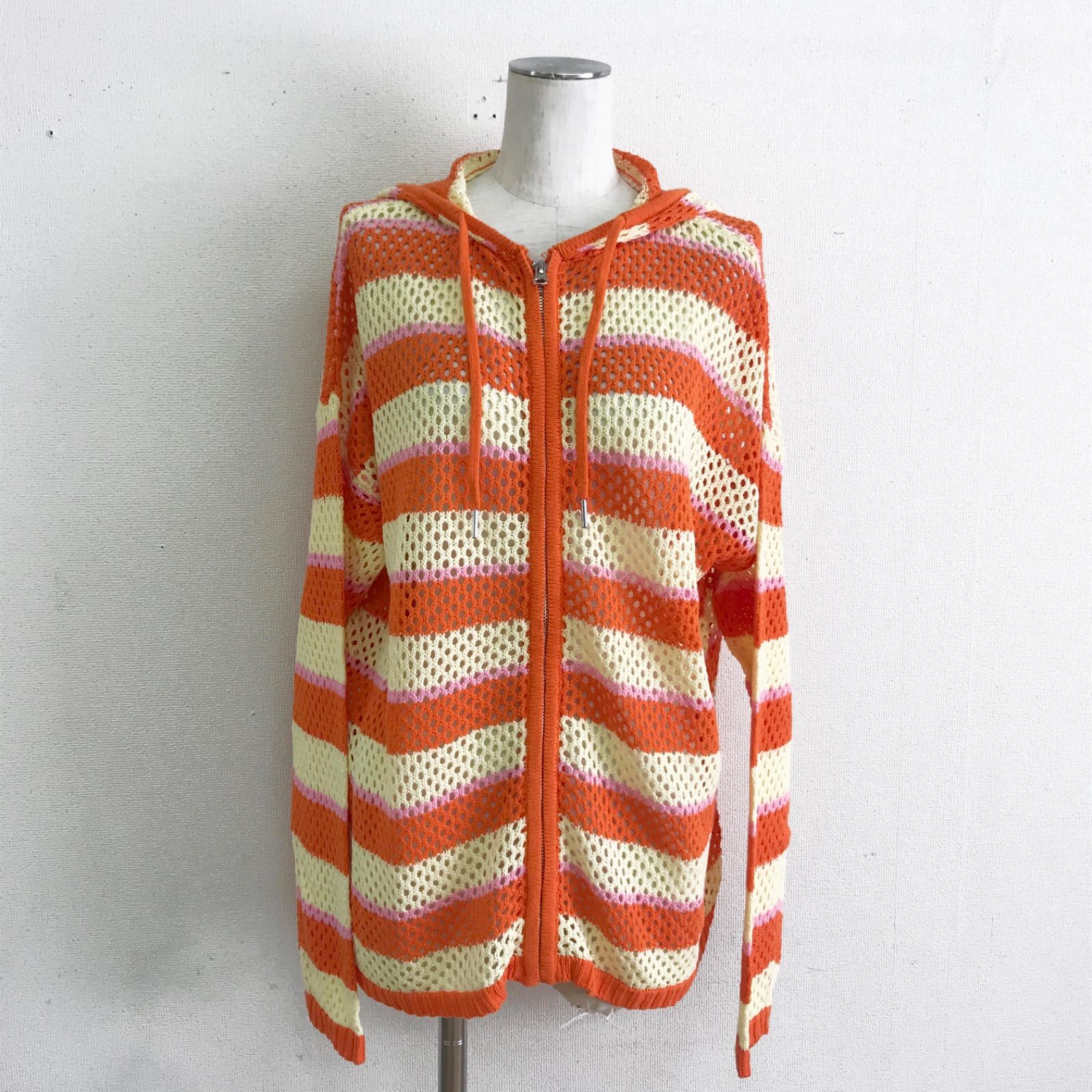 美品 atmos pink 22SS メッシュニットZIPパーカー ボーダー フーディ