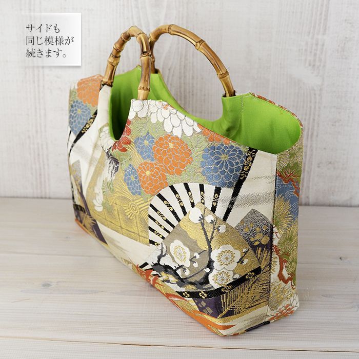 送料無料】着物リメイク バッグ【バンブーハンドル帯バッグ （特大