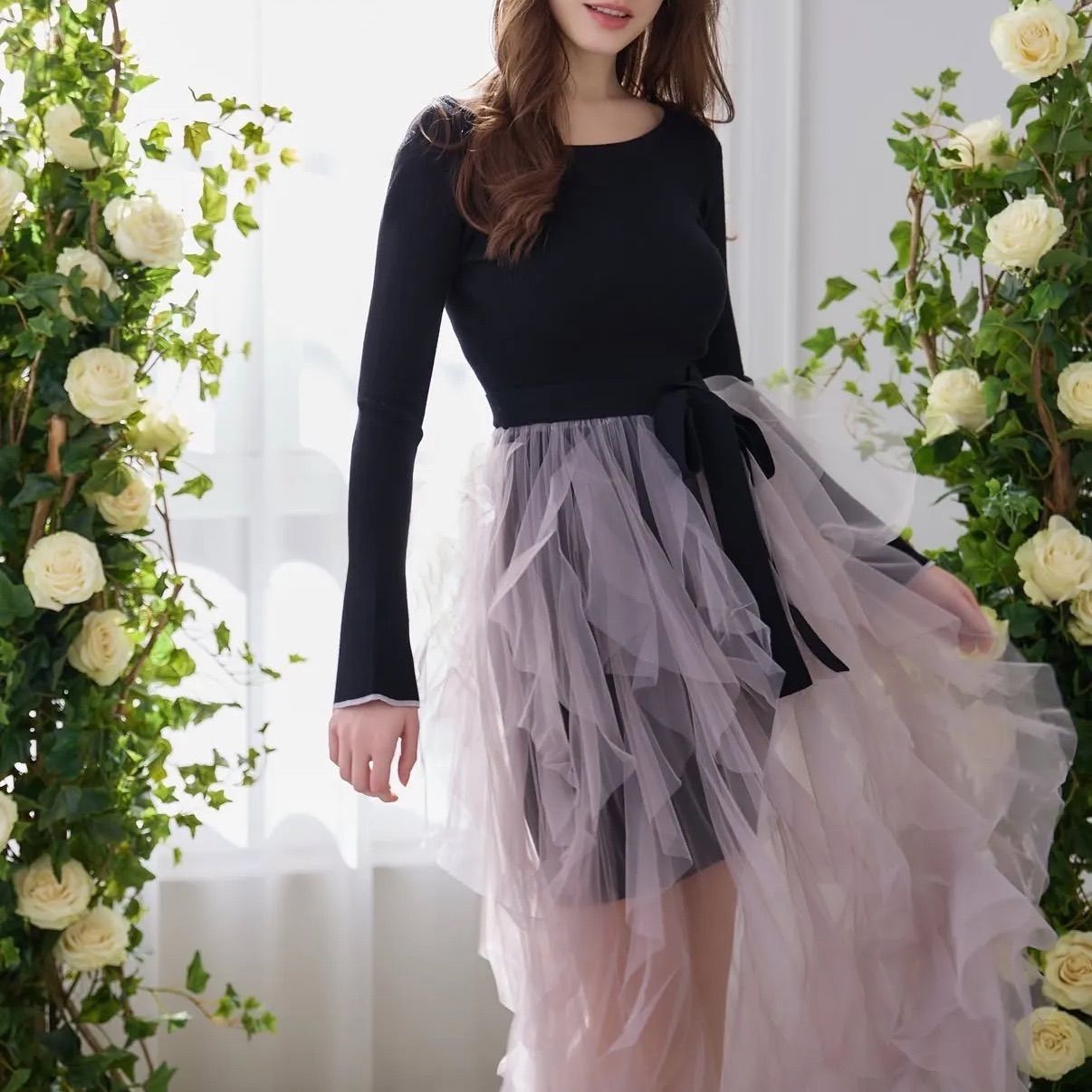 Rちゃんブランド】riu Tulle raffle docking knit dress 【公式通販】