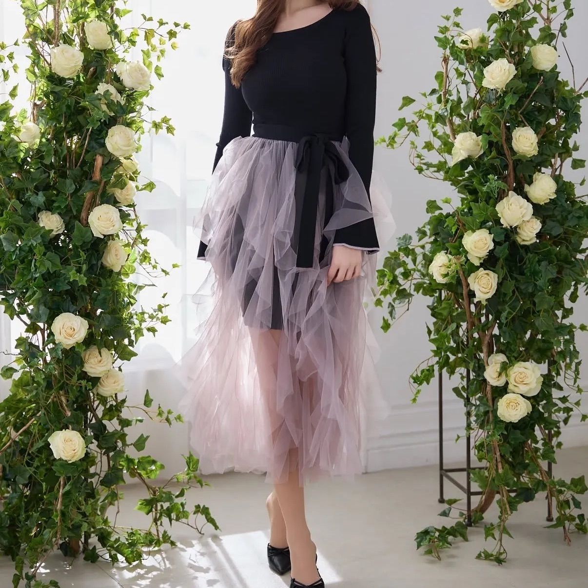 Riu Tulle raffle docking knit dress Rちゃん Rちゃんブランド】riu Tulle raffle docking knit dress 【公式通販】