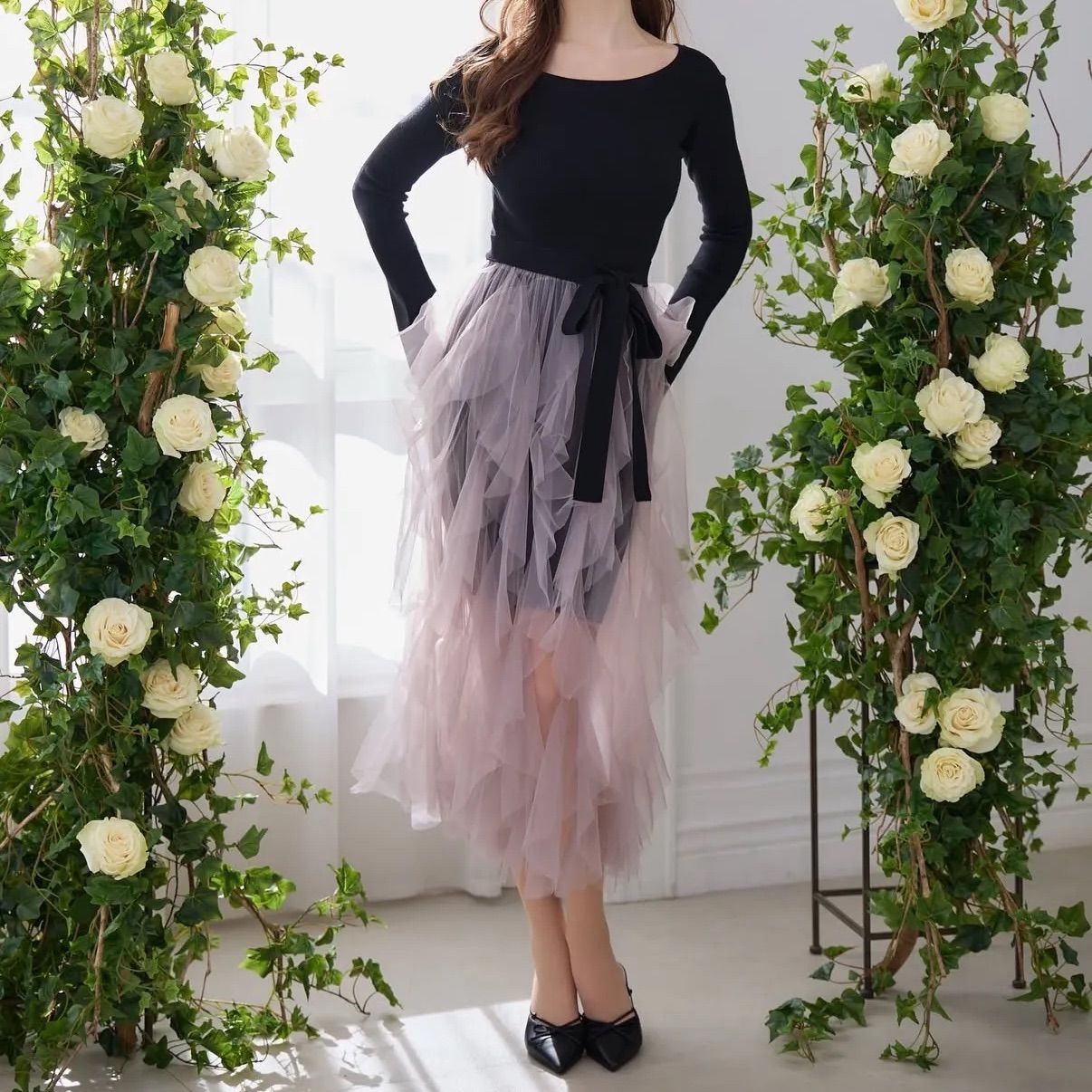 Riu Tulle raffle docking knit dress Rちゃん Rちゃんブランド】riu Tulle raffle docking knit dress - メルカリ