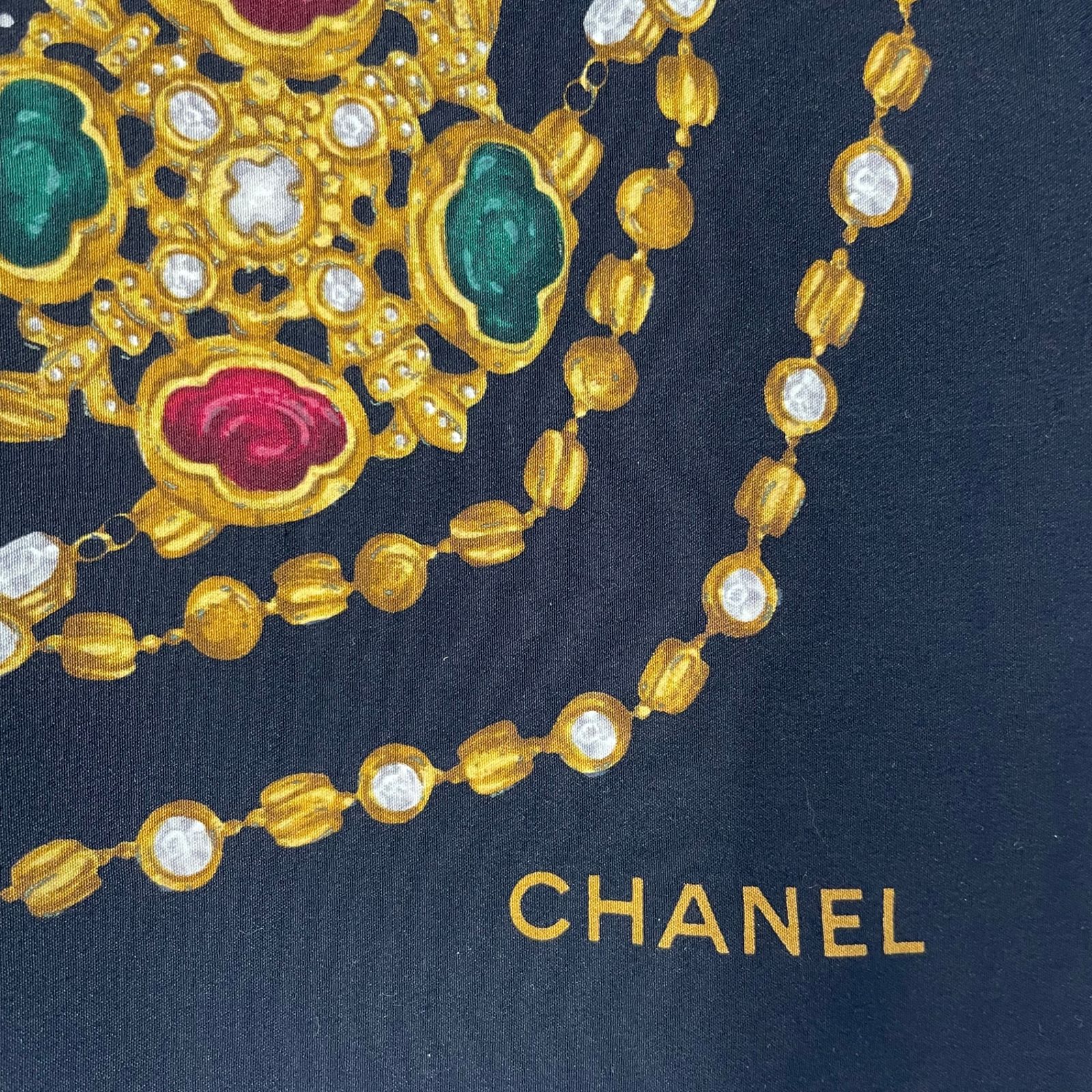 極美品 CHANEL シャネル スカーフ シルク 宝石 チェーン ブラック