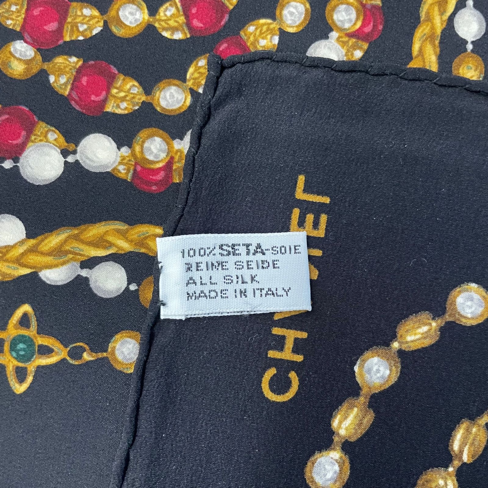 極美品 CHANEL シャネル スカーフ シルク 宝石 チェーン ブラック