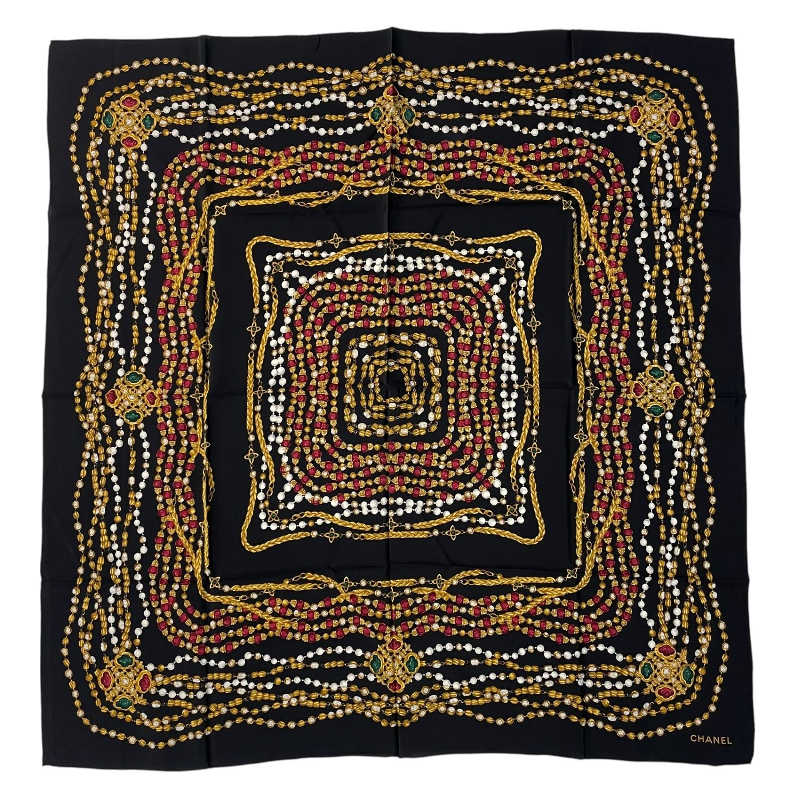 極美品 CHANEL シャネル スカーフ シルク 宝石 チェーン ブラック