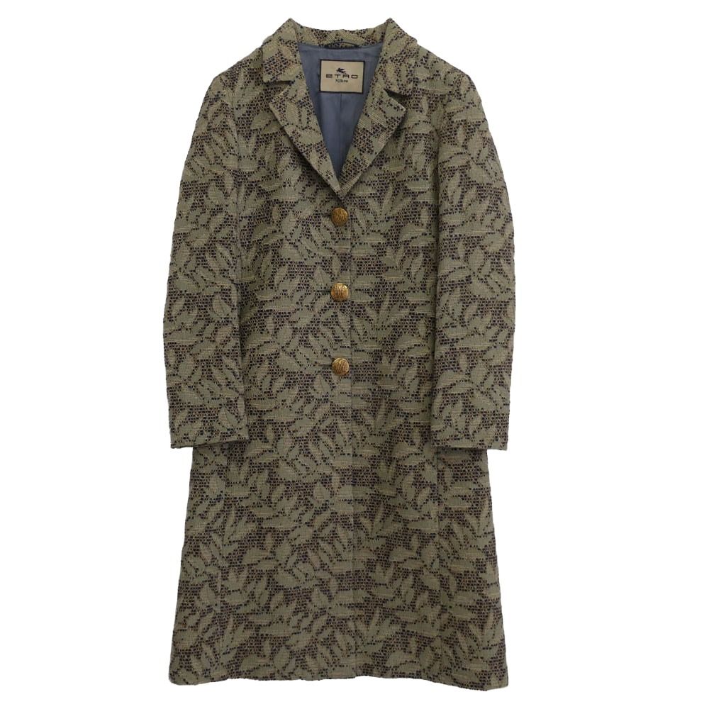 ETRO エトロ イタリア製 シルク混 金釦 リーフ総柄 ロングコート