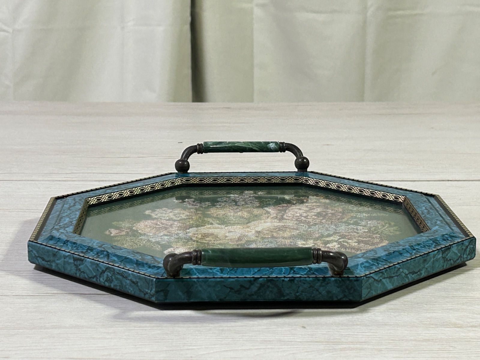 イタリア製 ゴブラン織 トレイ 壁掛けトレー 花柄 グリーン系