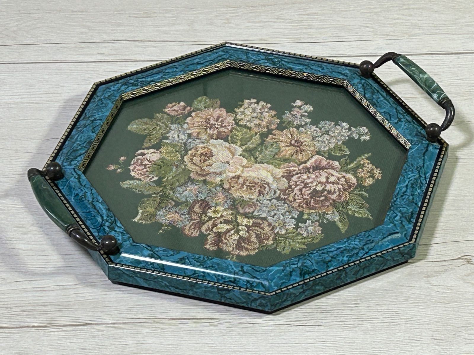 イタリア製 ゴブラン織 トレイ 壁掛けトレー 花柄 グリーン系