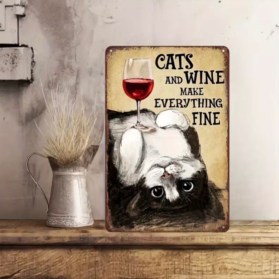 新品 へそ天 はちわれ 猫 メタルサイン タキシード猫 ワイン ブリキ