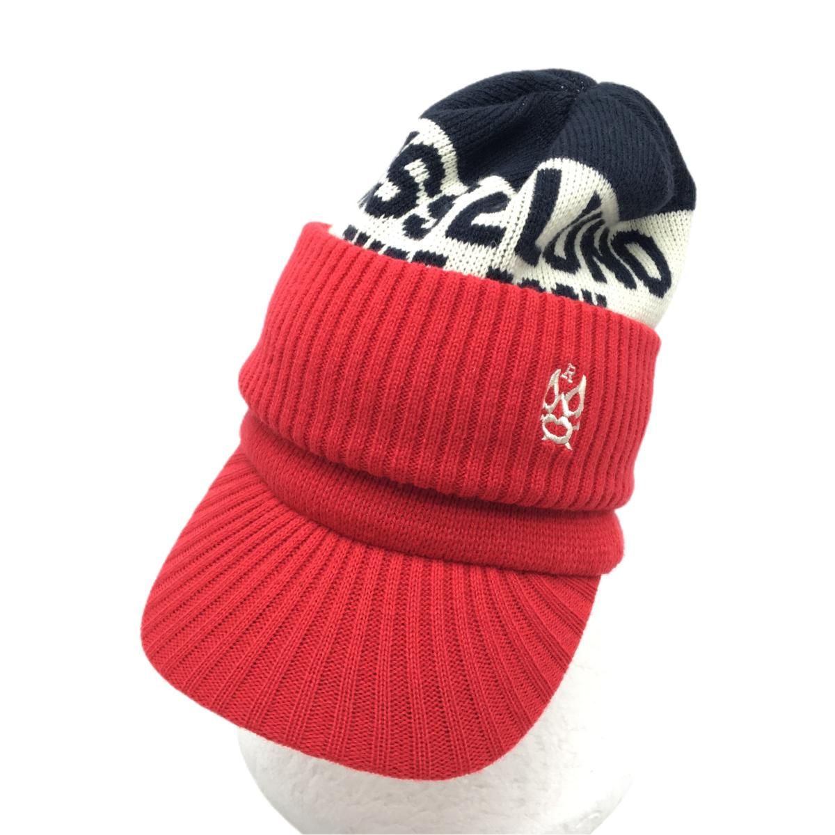 【超美品】ラッセルノ 2WAYつば付ニット帽 レッド×白×ネイビー ルチャ ウール混 ネックウォーマー F ゴルフウェア RUSSELUNO