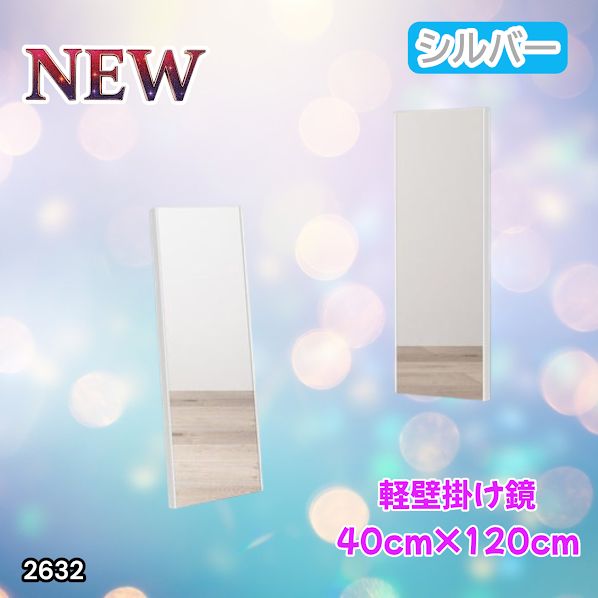 2632 軽量 壁掛け 割れない鏡 幅40cm×高さ120cm シルバー フィルム