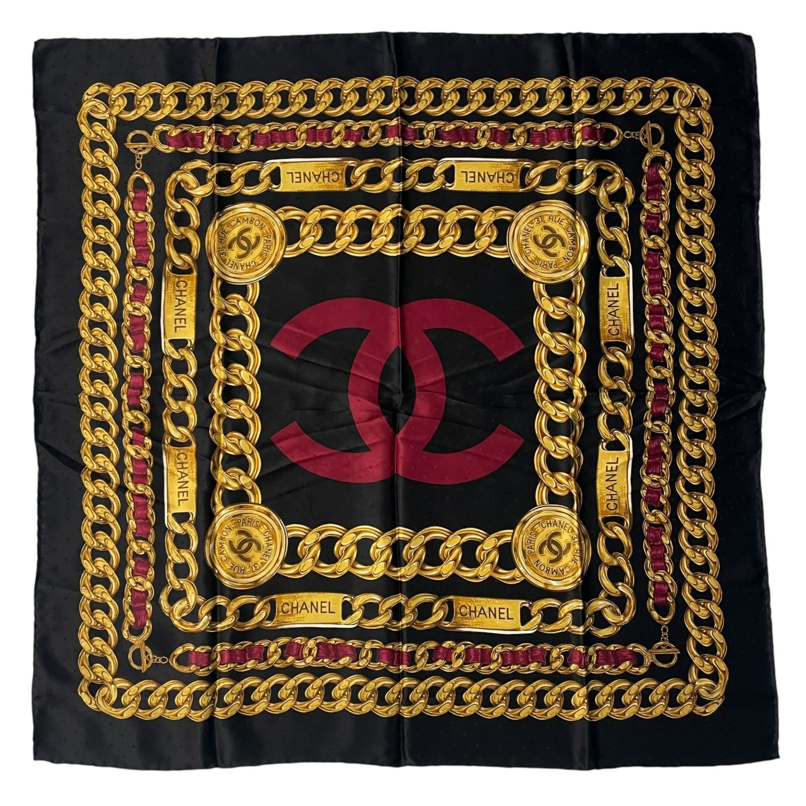 美品 CHANEL シャネル スカーフ シルク ココマーク チェーン ブラック