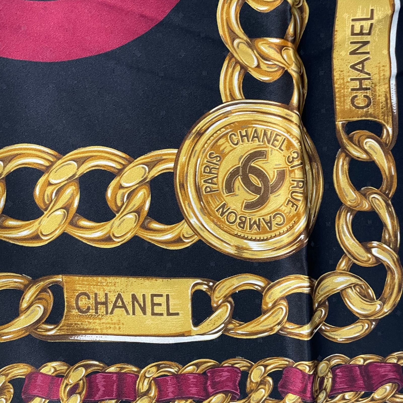 美品 CHANEL シャネル スカーフ シルク ココマーク チェーン ブラック