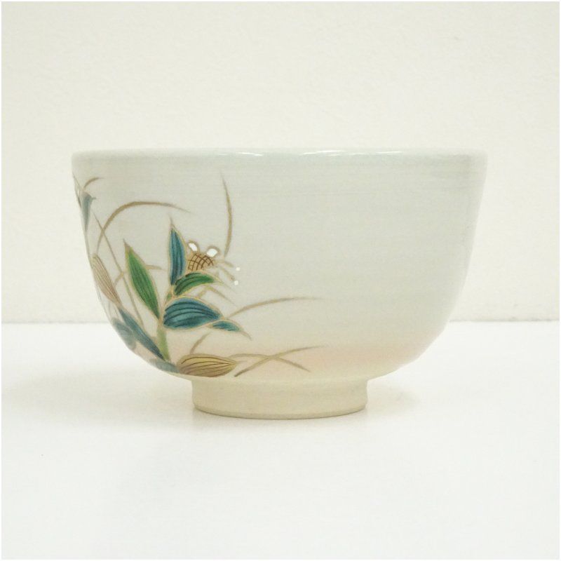 京焼 桃山窯 手塚岳陵（大示）造 仁清写露草茶碗（共箱） 茶道 抹茶