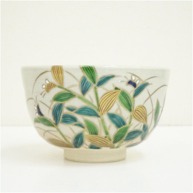 京焼 桃山窯 手塚岳陵（大示）造 仁清写露草茶碗（共箱） 茶道 抹茶