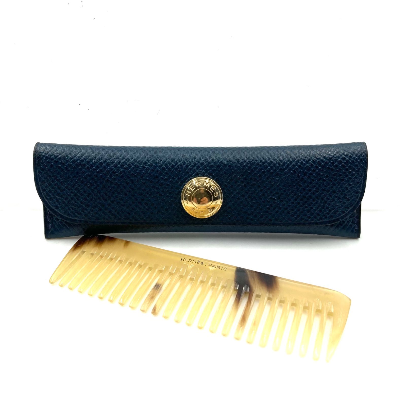 □極美品□HERMES エルメス バッファローホーン ヘアコーム 櫛 レザー 