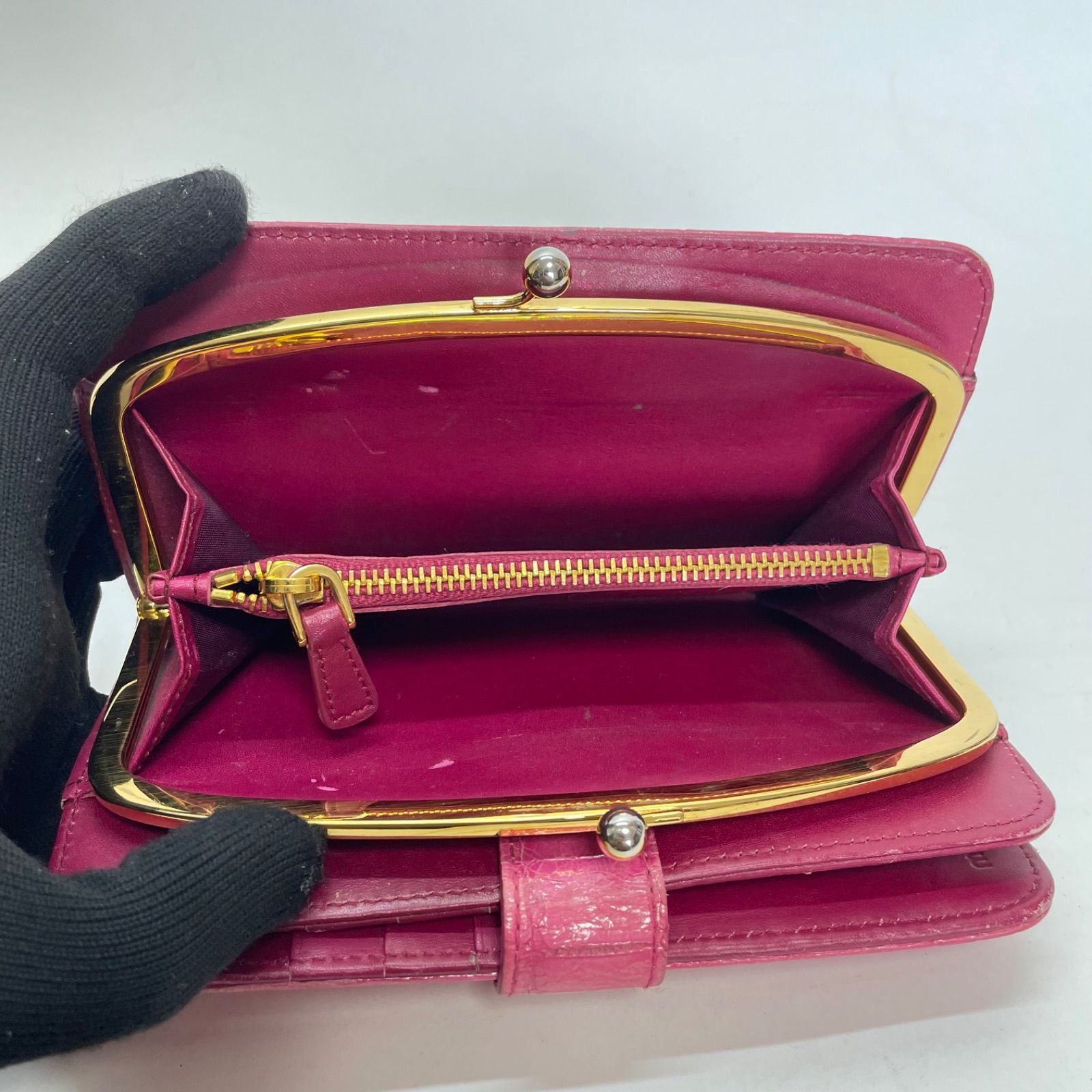 3569 MIUMIU ミュウミュウ 長財布 クロコ ピンク レザー がまくち 