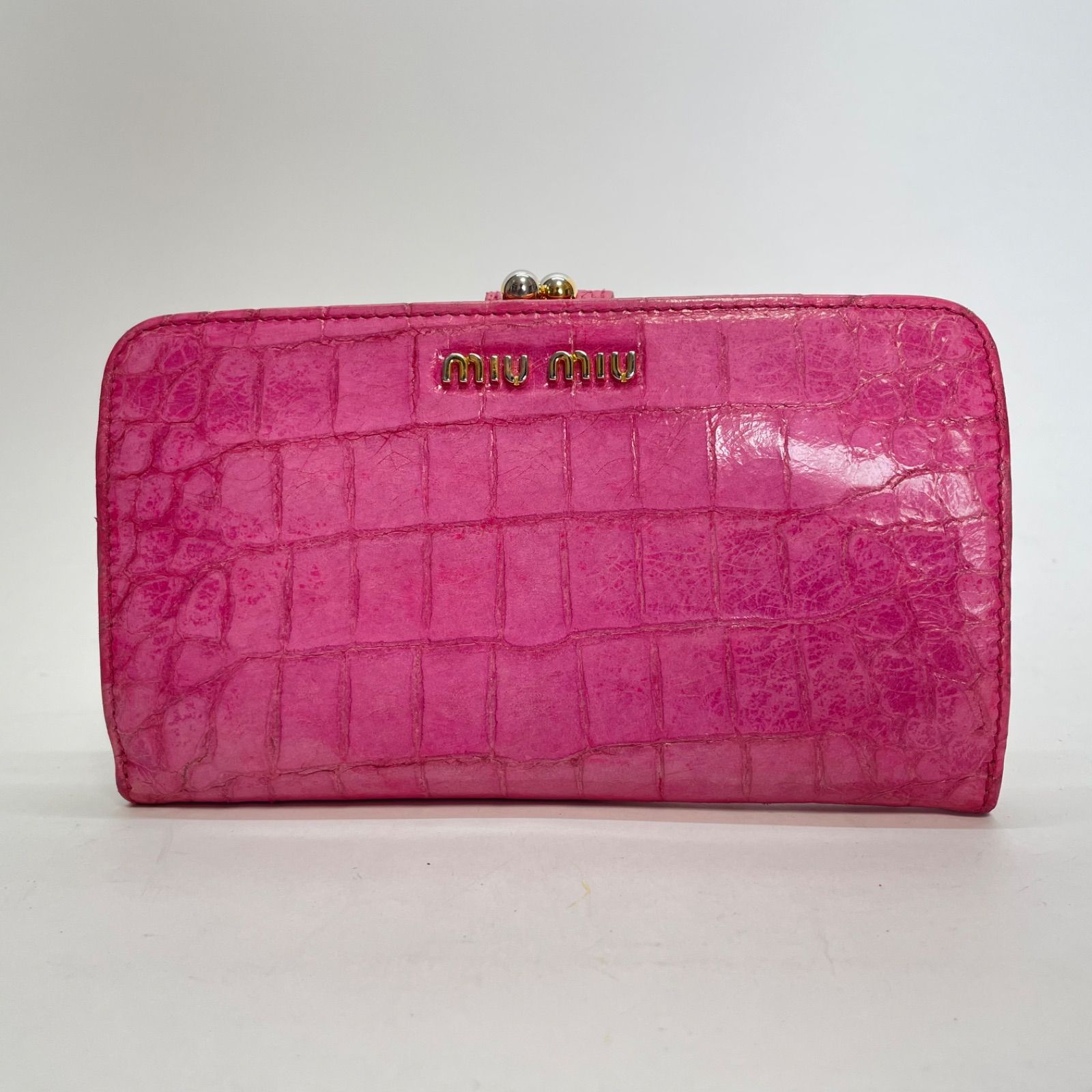 3569 MIUMIU ミュウミュウ 長財布 クロコ ピンク レザー がまくち 