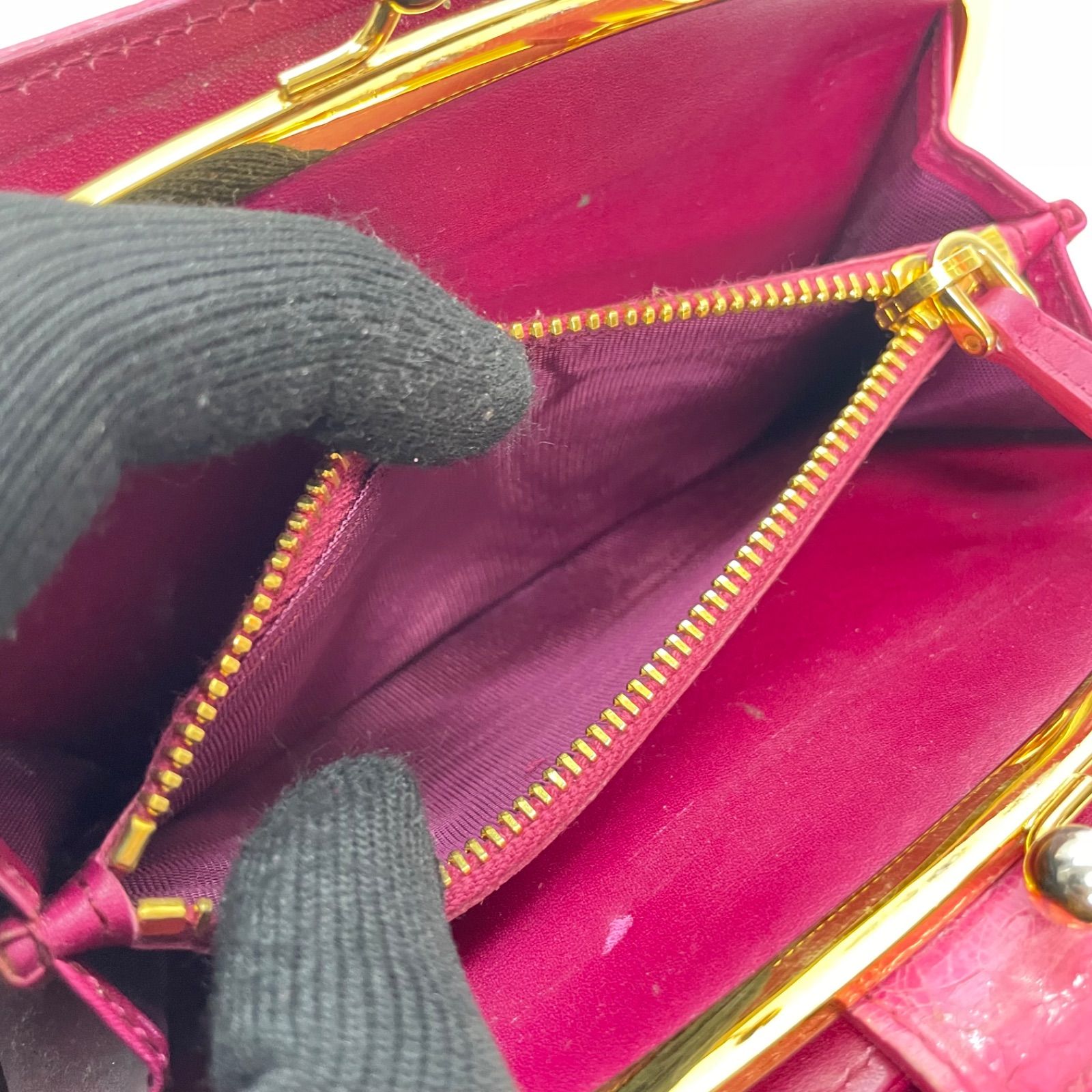 3569 MIUMIU ミュウミュウ 長財布 クロコ ピンク レザー がまくち 