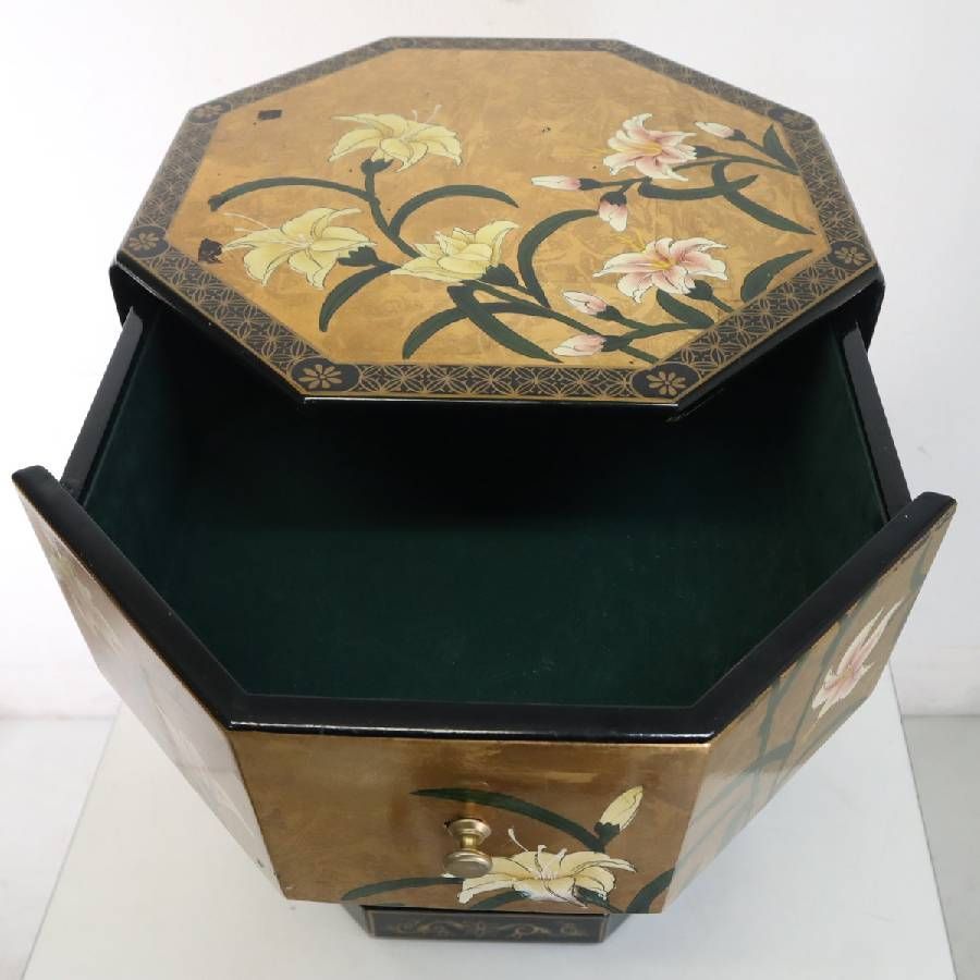 中国伝統工芸 シノワズリ 八角形チェスト 引き出し3段 高さ56cm 金箔