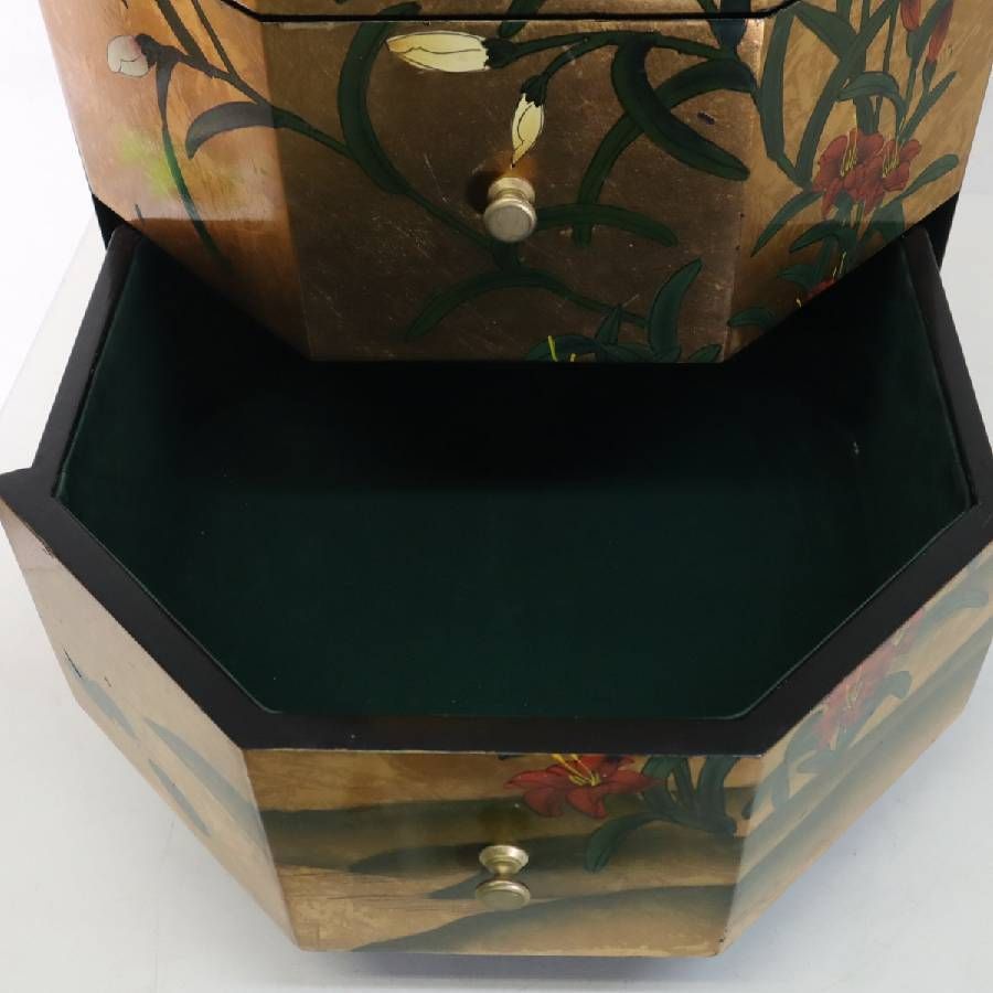 中国伝統工芸 シノワズリ 八角形チェスト 引き出し3段 高さ56cm 金箔