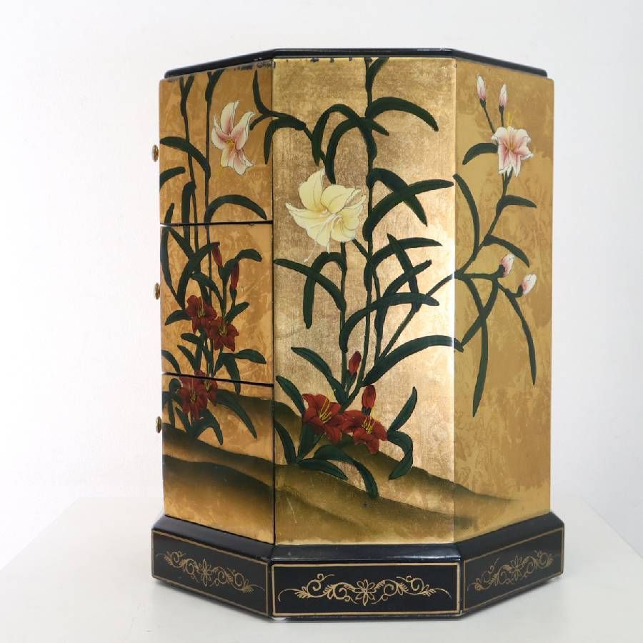 中国伝統工芸 シノワズリ 八角形チェスト 引き出し3段 高さ56cm 金箔