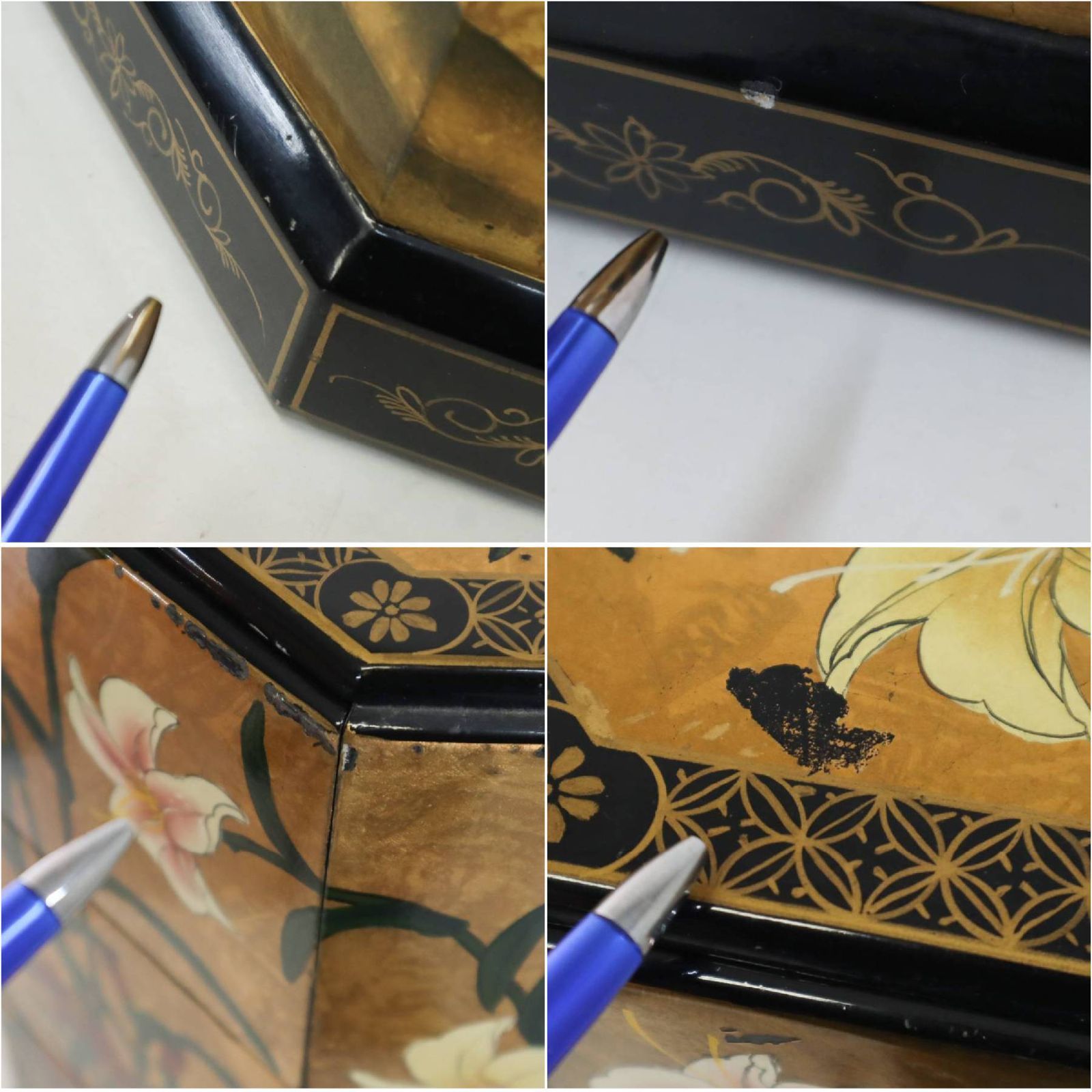 中国伝統工芸 シノワズリ 八角形チェスト 引き出し3段 高さ56cm 金箔