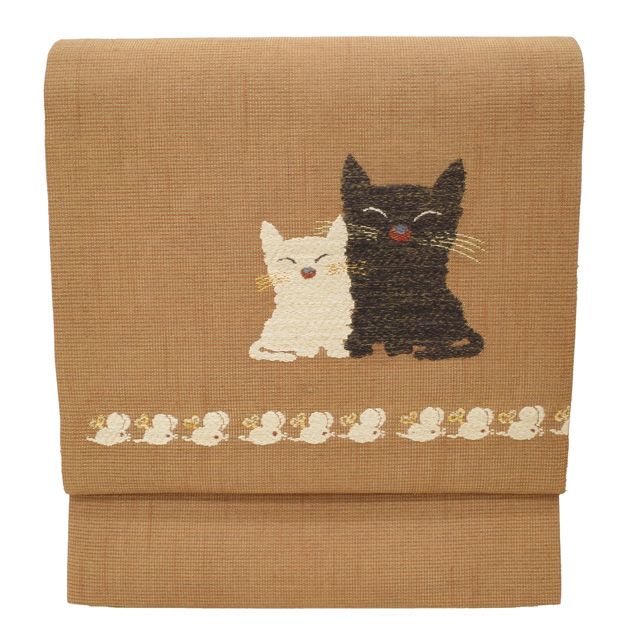 名古屋帯 正絹 猫 ねずみ 鈴 刺繍 中古】 名古屋帯 夏物 リサイクル 京都 しょうざん 正絹 赤茶地