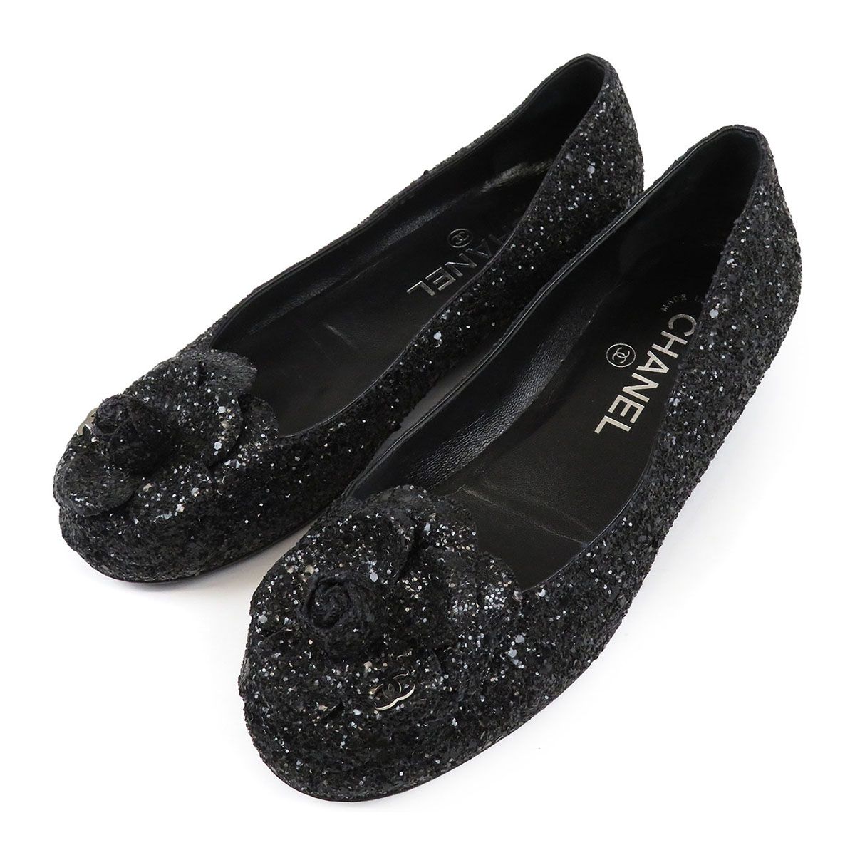 シャネル ココマーク カメリア グリッター フラット パンプス G32162