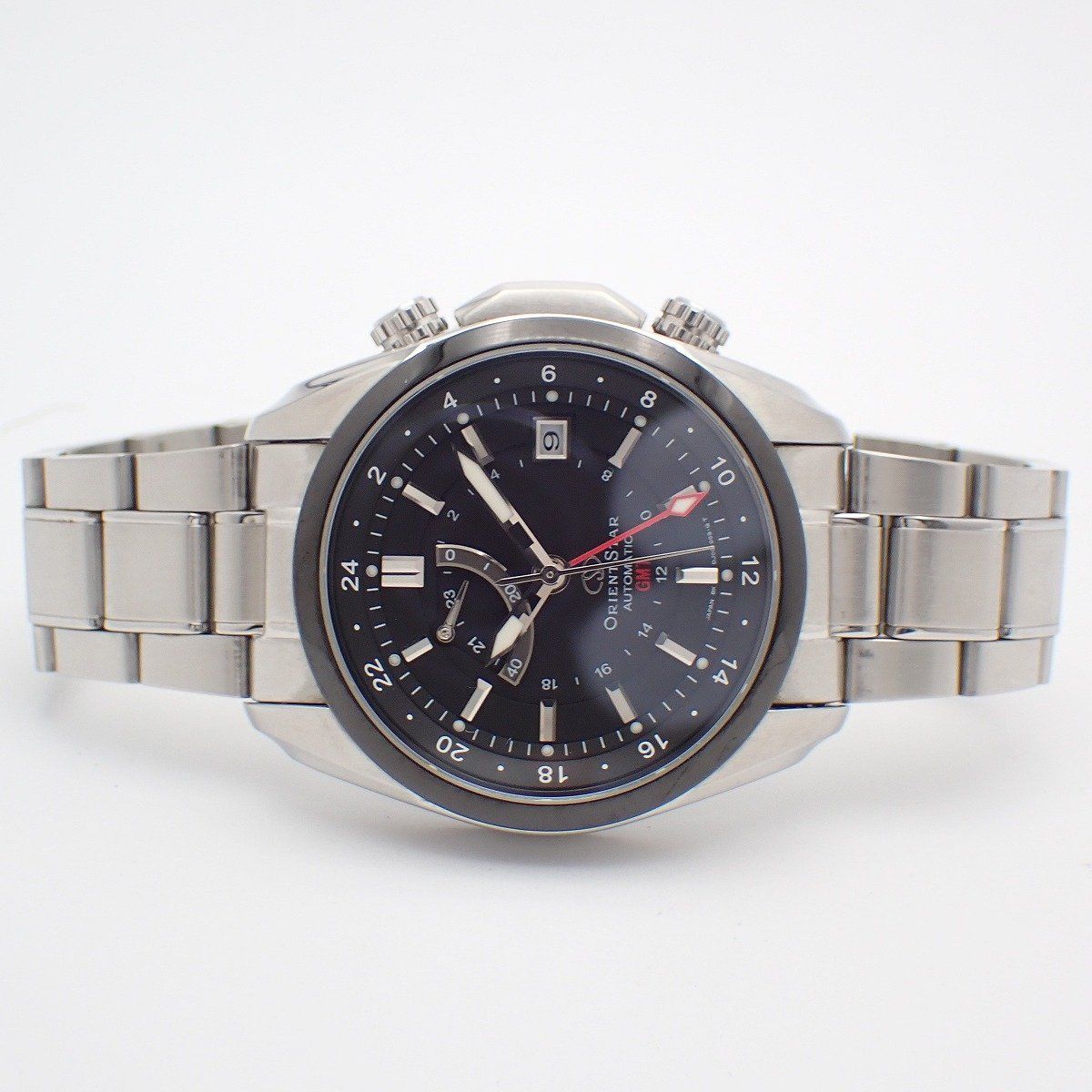 オリエントスター GMT 自動巻き メンズ 腕時計 黒文字盤 純正SSベルト