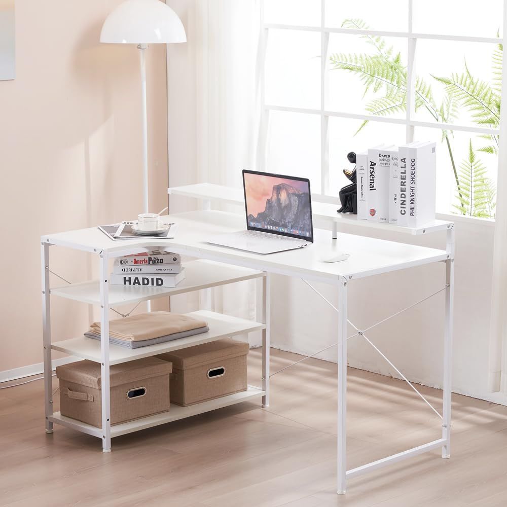 新着商品】パソコンデスク L字 120cm 3段ラック付 ハイデスク付き