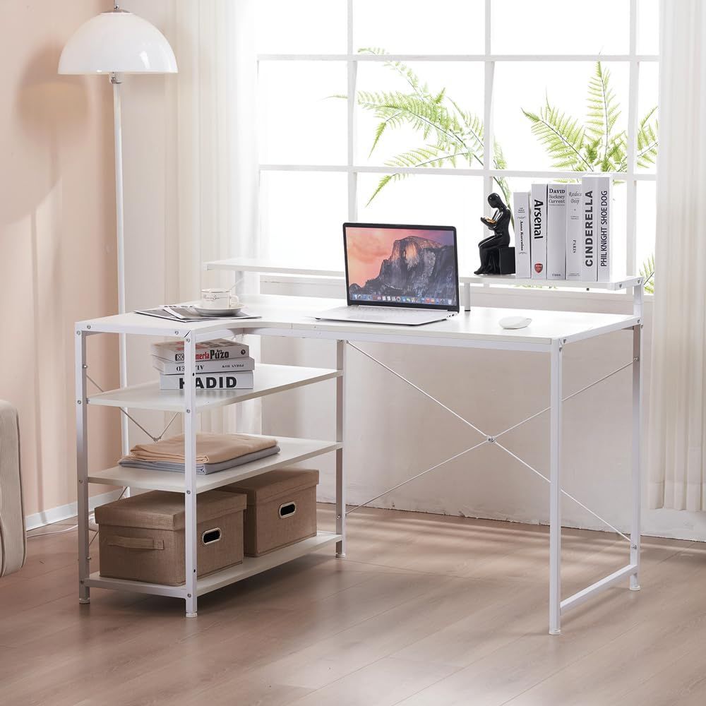 新着商品】パソコンデスク L字 120cm 3段ラック付 ハイデスク付き