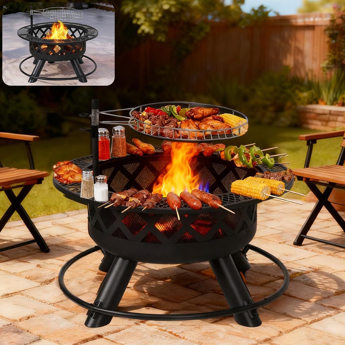 人気商品】焚き火台 ファイヤーピット 丸形 焼肉 火かき棒付き