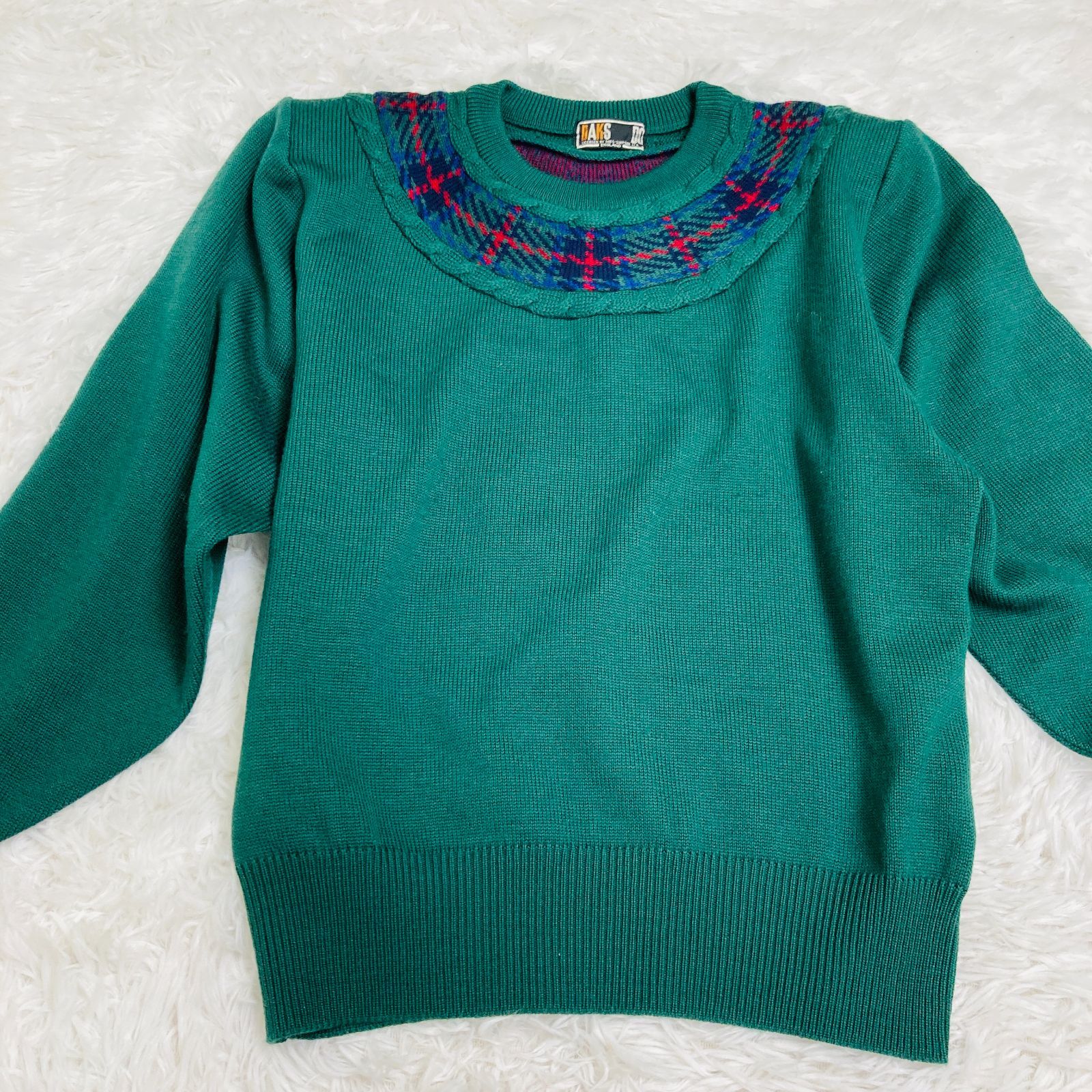 高級】DAKS ダックス ウールニット セーター L グリーン チェック柄 毛