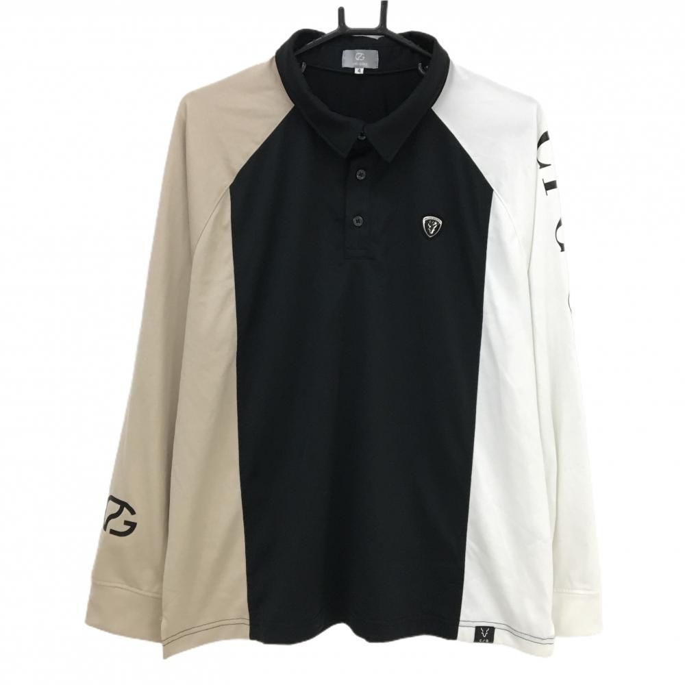 美品】CPG 長袖ポロシャツ 黒×白×ベージュ 袖ロゴプリント メンズ 4(XL