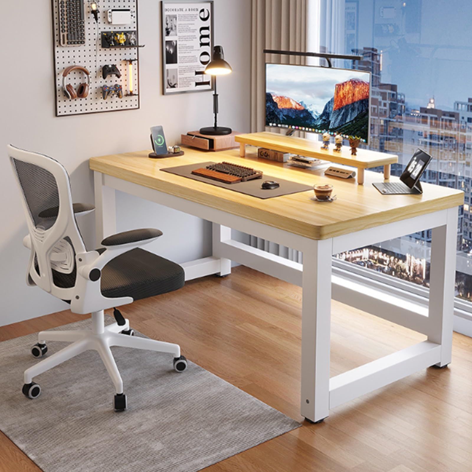 【数量限定】パソコンデスク PCデスク 机 シンプル 幅80/100/120/140/160cm 組立簡単 ゲーミングデスク PC作業台 高い耐荷重能力 ワークデスク 頑丈なフレーム オフィスデスク在宅勤務 リモートワーク用 勉強机 おしゃれ(白いフレーム+木
