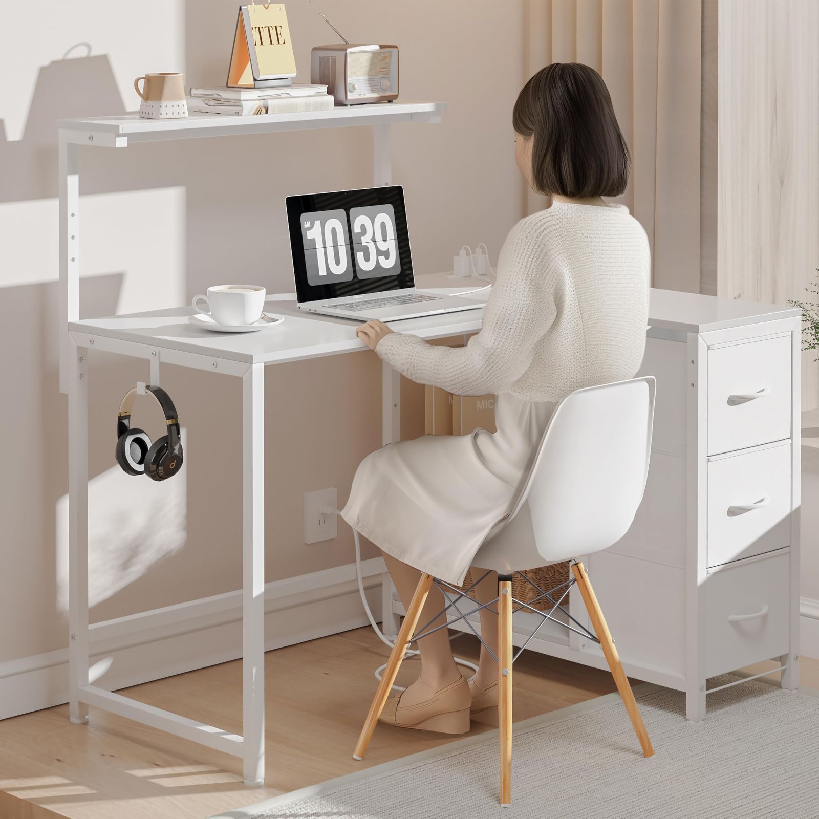 【特価セール】LunarLight PCパソコンデスク 幅108奥行80高さ71.8cm テレワーク L型デスク・左右組み換え自由 3段調節モニター台（10～33.5cm対応） 引き出しとコンセント付き 収納たっぷり ゲーミ