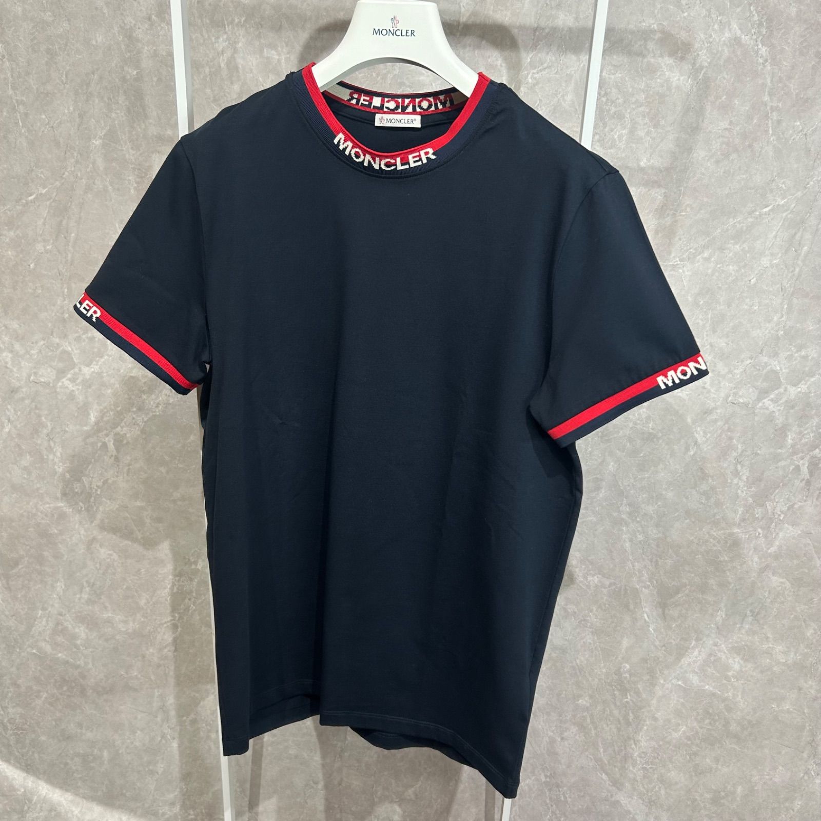 未使用級】 MONCLER モンクレール襟レタリング半袖TシャツSネイビー 