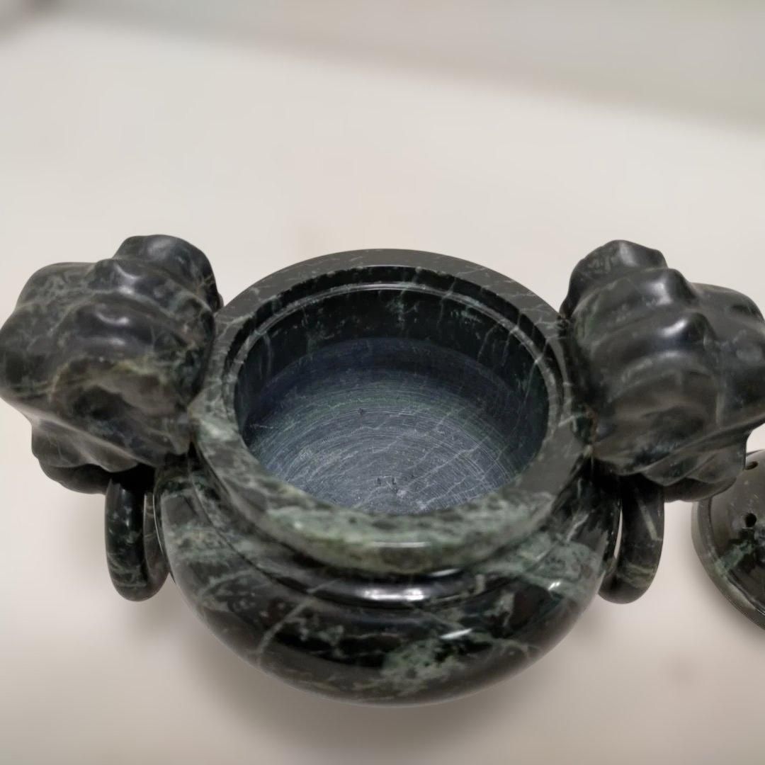 蛇紋石 香炉 獅子摘み 蓋付き 彫刻 透かし穴あり 仏具 天然石