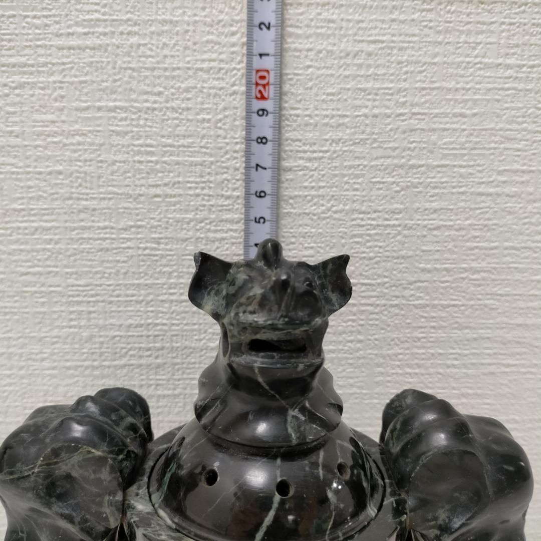 蛇紋石 香炉 獅子摘み 蓋付き 彫刻 透かし穴あり 仏具 天然石