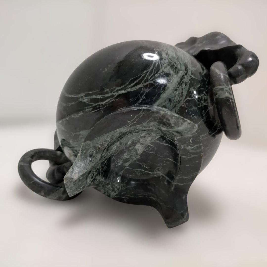 蛇紋石 香炉 獅子摘み 蓋付き 彫刻 透かし穴あり 仏具 天然石