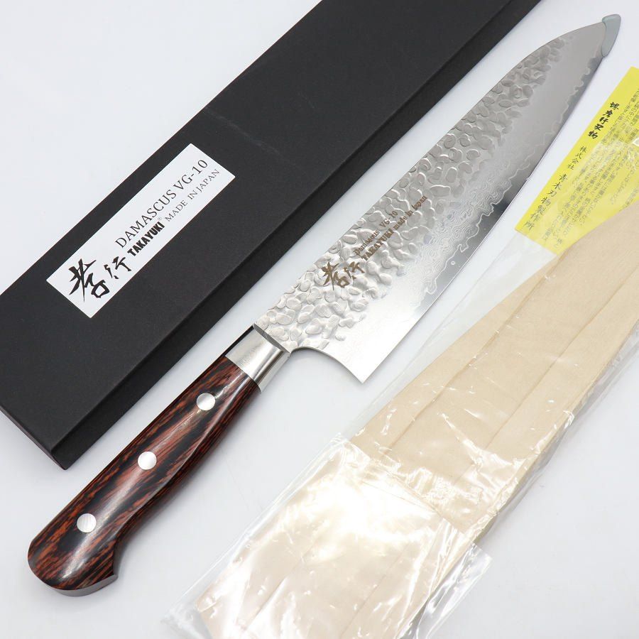 未使用】堺孝行 VG10 33層 ダマスカス鋼 牛刀 七寸 マホガニー柄 鞘