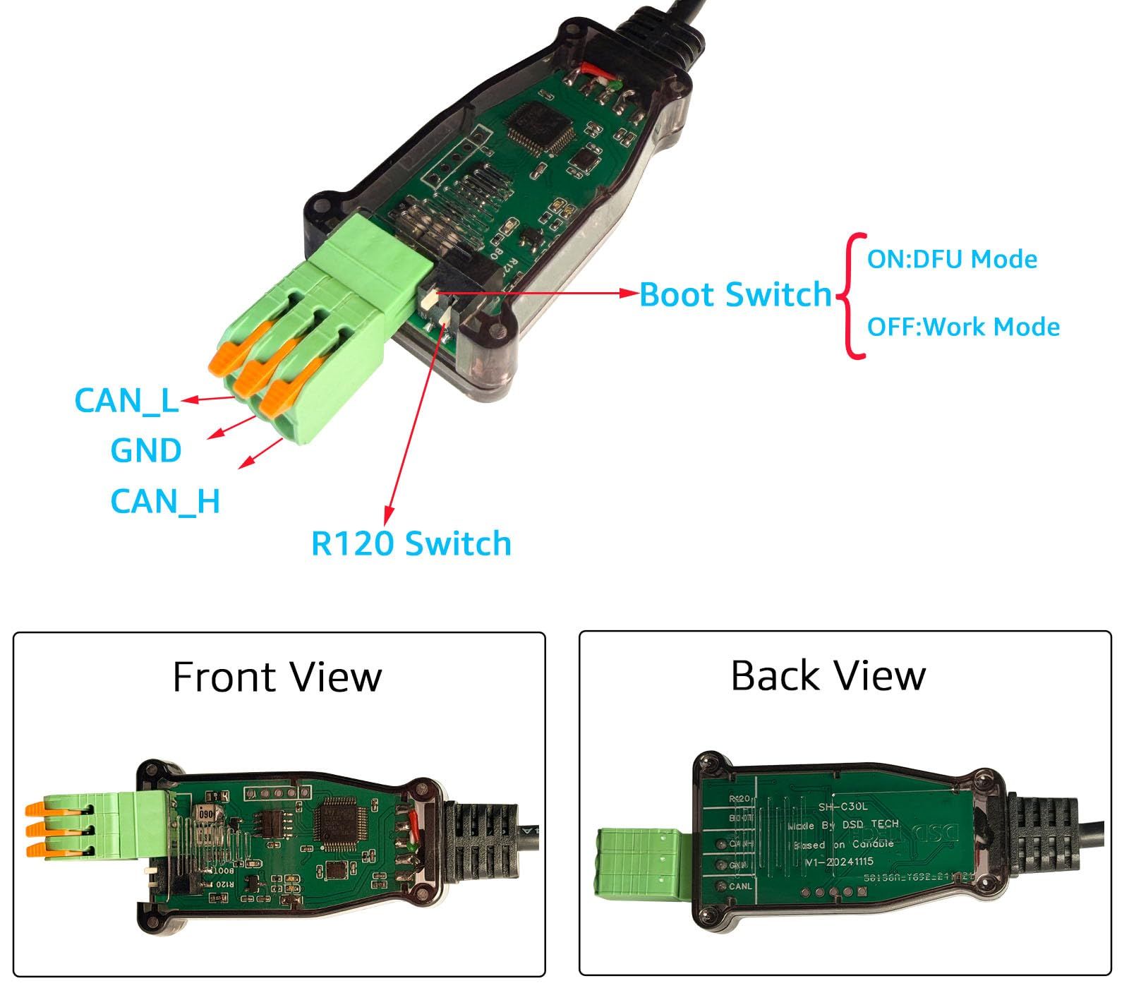 DSD TECH SH-C30L USB to CAN バスアダプター ベース、Canable Support SocketCANカンガルー(39cm/1.28フィート)