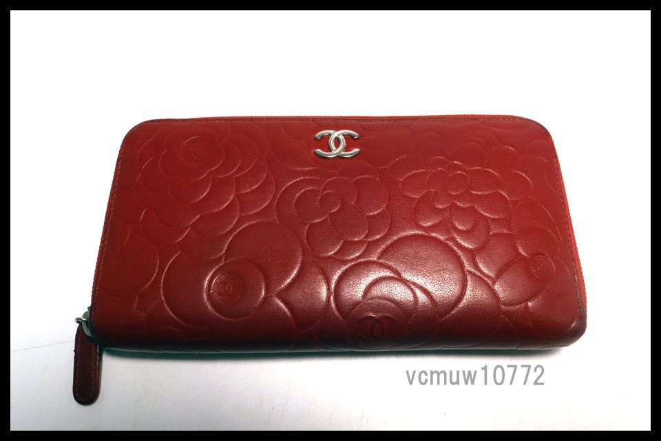 希少美中古□CHANEL 16番台 カメリア レザー ラウンドファスナー 長 