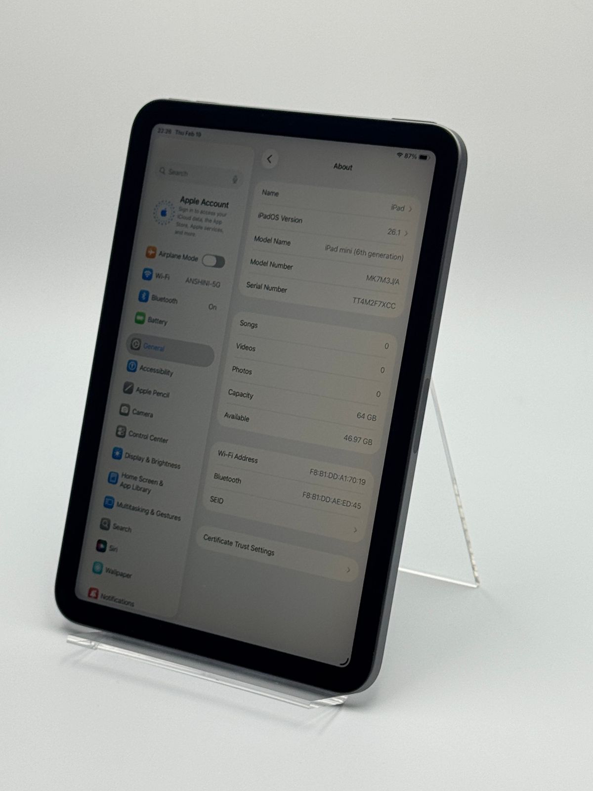 中古B】iPad mini 第6世代 64GB スペースグレイ Wi-Fi バッテリー【87